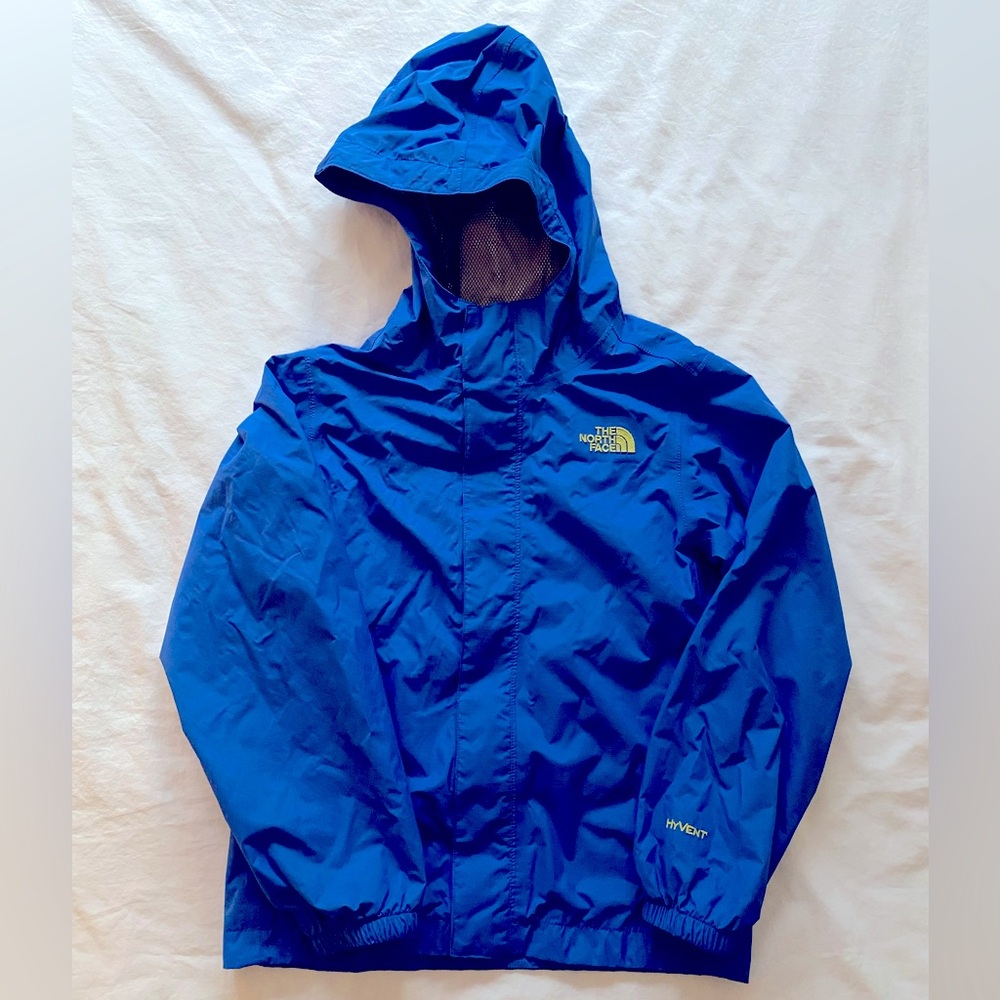 EUC The North Face Boys Rain Jacket in Royal Blue/Electric Green (YS 7/8)